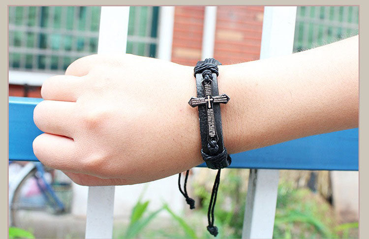 Retro Style Vintage Cowhide Leather Cross Bracelet