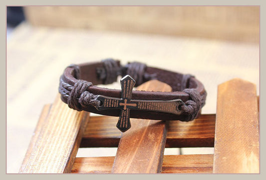 Retro Style Vintage Cowhide Leather Cross Bracelet