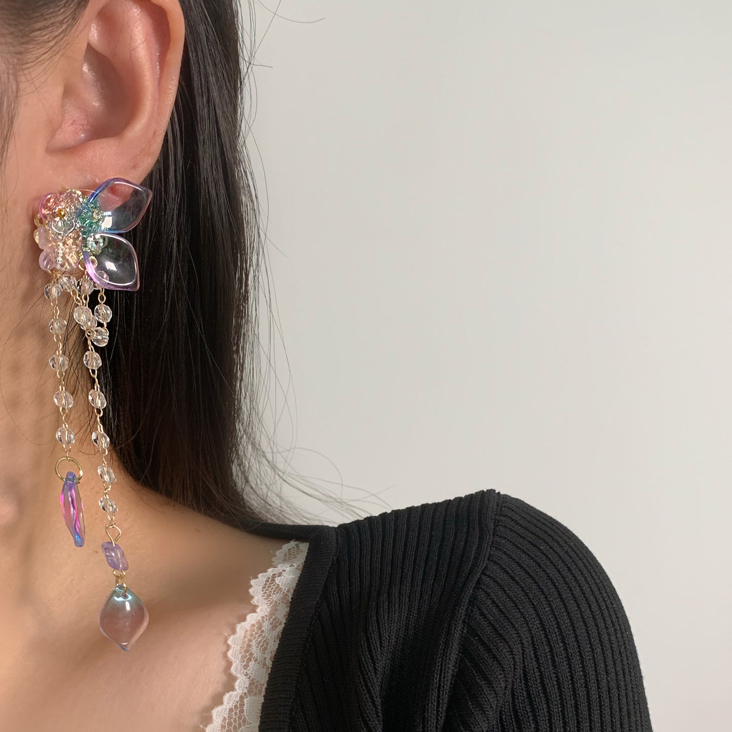 Women's Silver Needle Crystal Long Tassel Earrings