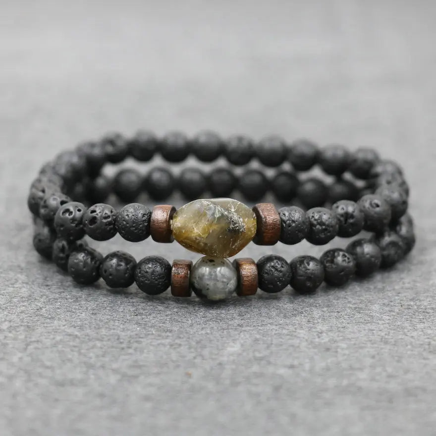 Trendy Vintage Lava Stone Labradorite Moonstone Beads Bracelet