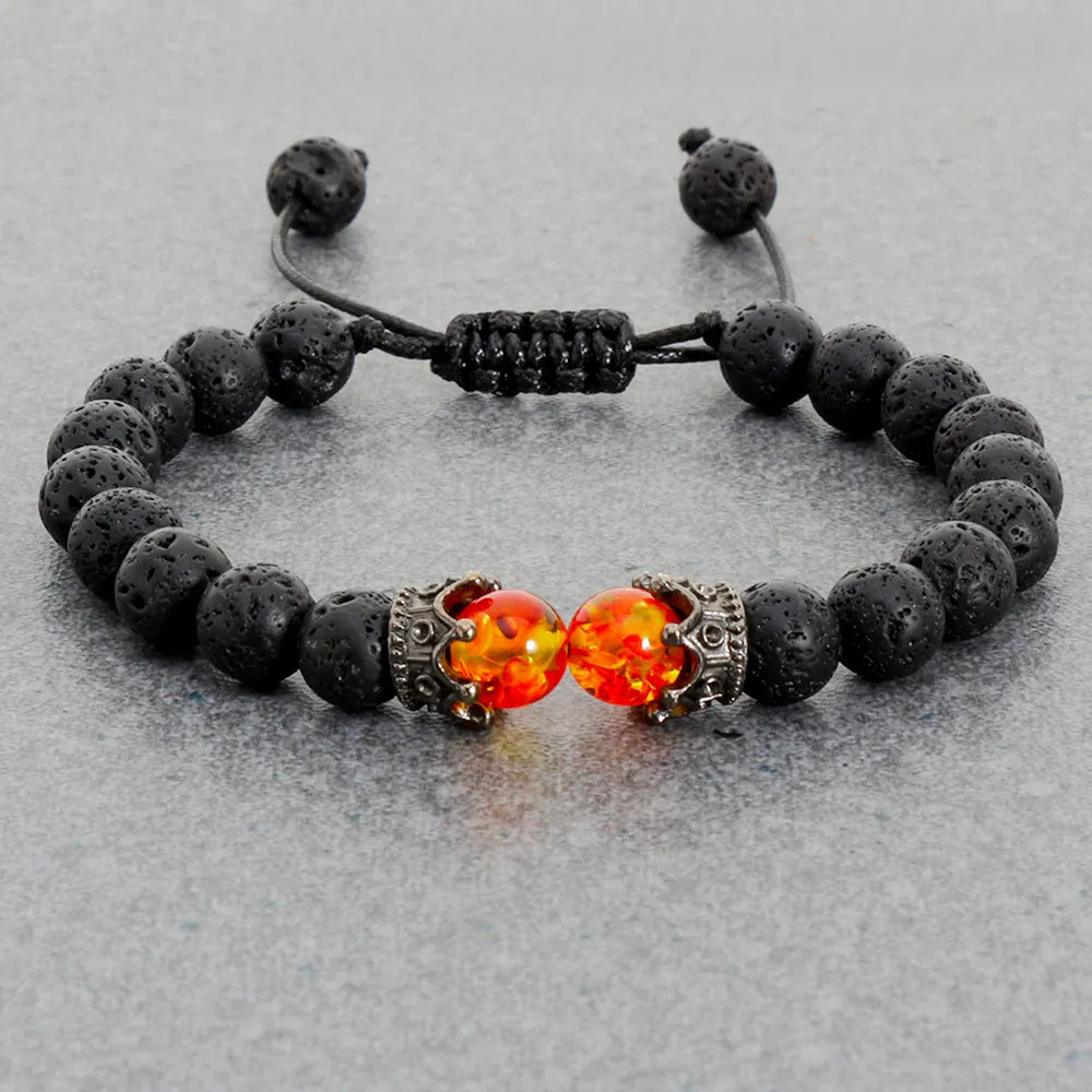 Black Lava Stone Crown Charm Tiger Eye Beads Bracelet For Men Women