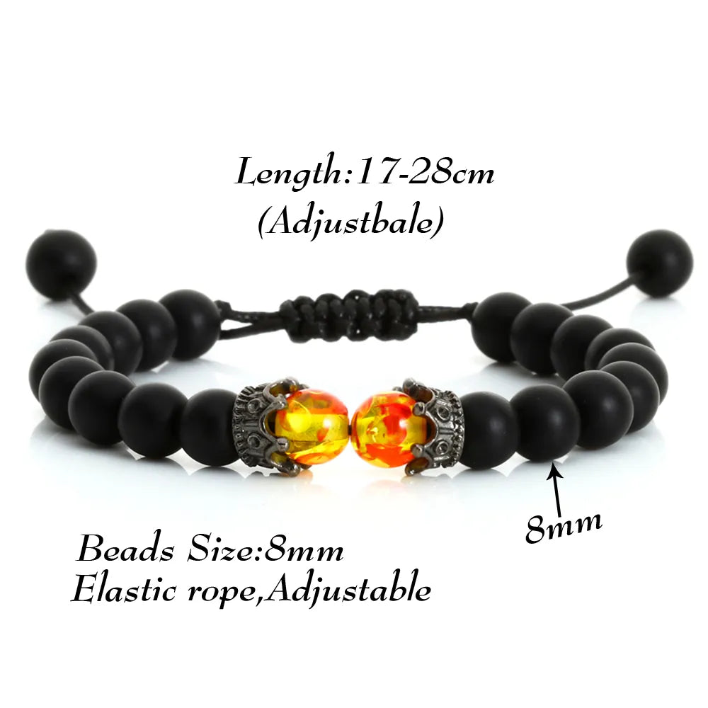 Black Lava Stone Crown Charm Tiger Eye Beads Bracelet For Men Women