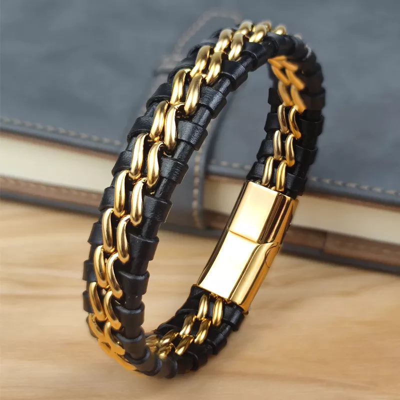 Leather and Stainless Steel Chain Bracelet for Men