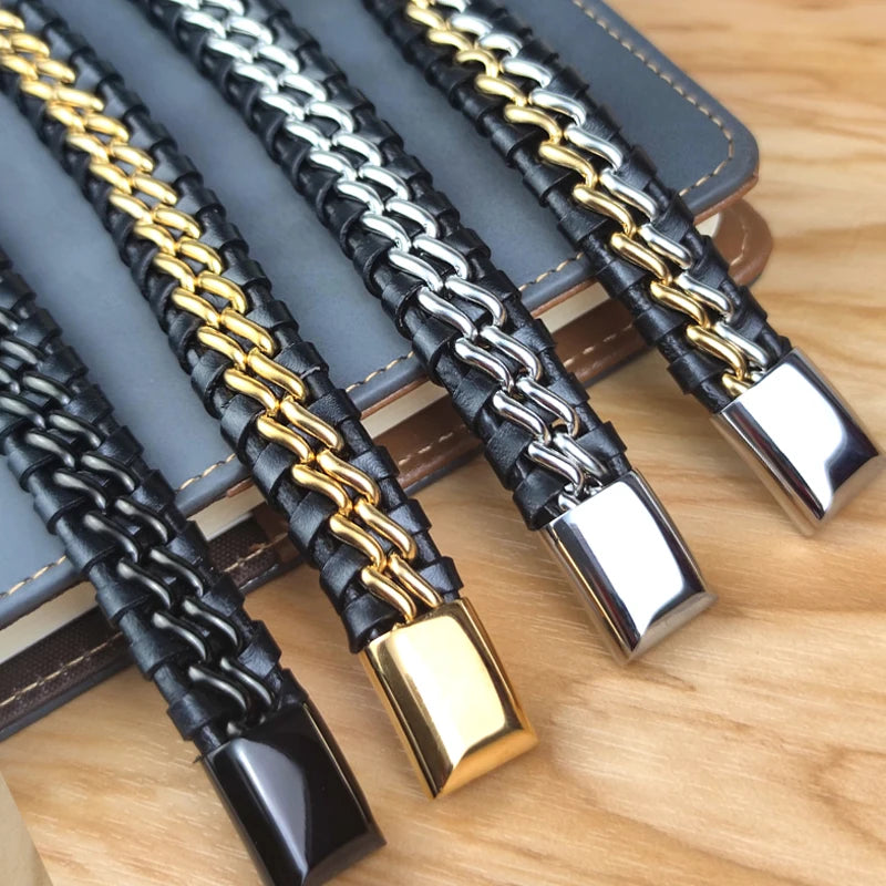 Leather and Stainless Steel Chain Bracelet for Men