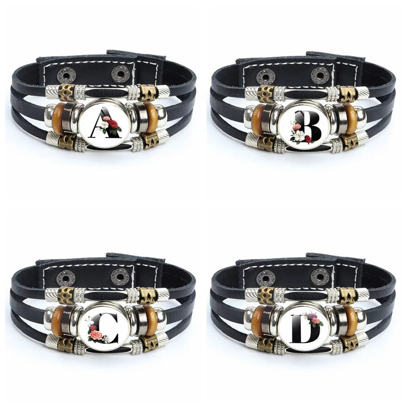 A-Z Letter Pattern 26 Initial Letters Alphabet Braided Multilayer Leather Bracelet