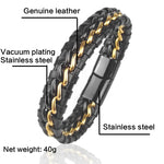 Leather and Stainless Steel Chain Bracelet for Men