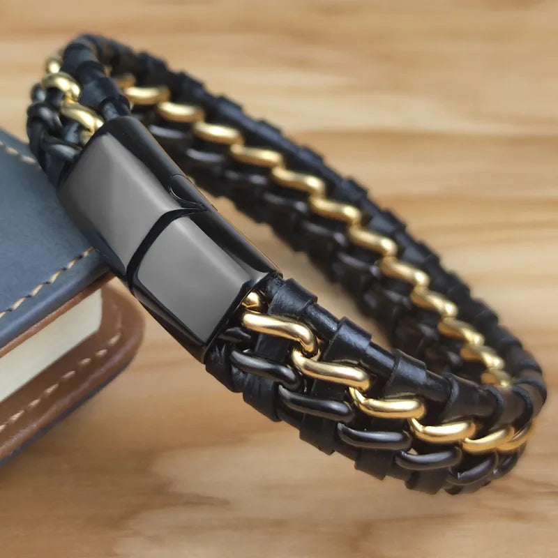 Leather and Stainless Steel Chain Bracelet for Men