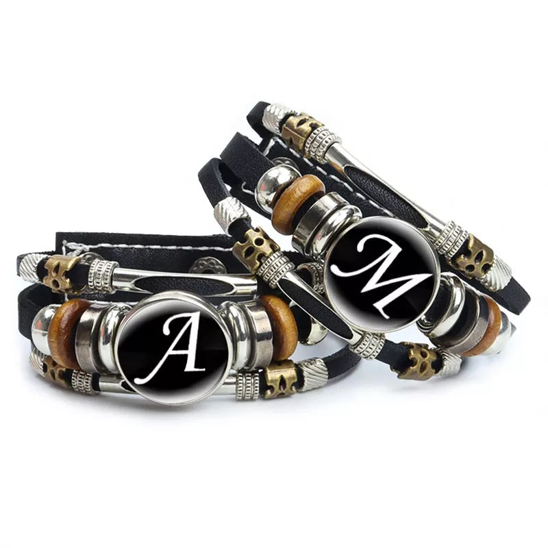 A-to-Z English Alphabet Name Initial Leather Bracelet