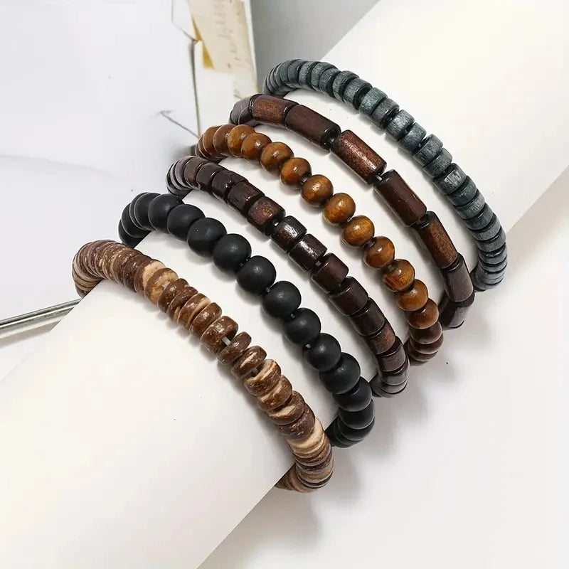 Six-Piece Vintage-Style Wooden Bead Bracelet Set