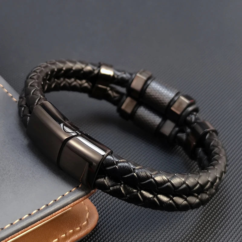 Men's Luxury Stainless Steel and Woven Leather Bracelet