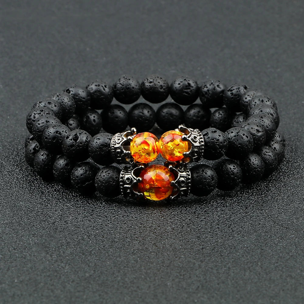 Black Lava Stone Crown Charm Tiger Eye Beads Bracelet For Men Women