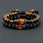 Black Lava Stone Crown Charm Tiger Eye Beads Bracelet For Men Women