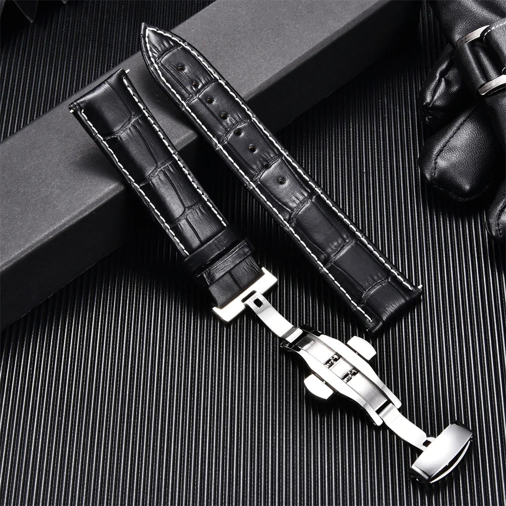 Elegant Leather Watch Strap with Butterfly Buckle