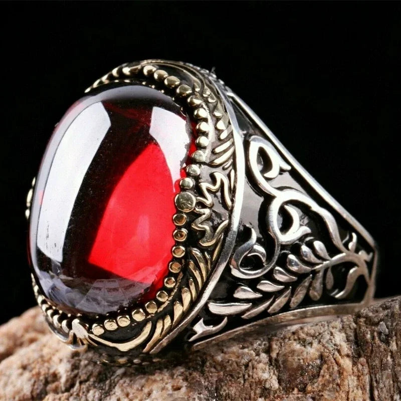 Inlaid Red Emerald Men's Ring