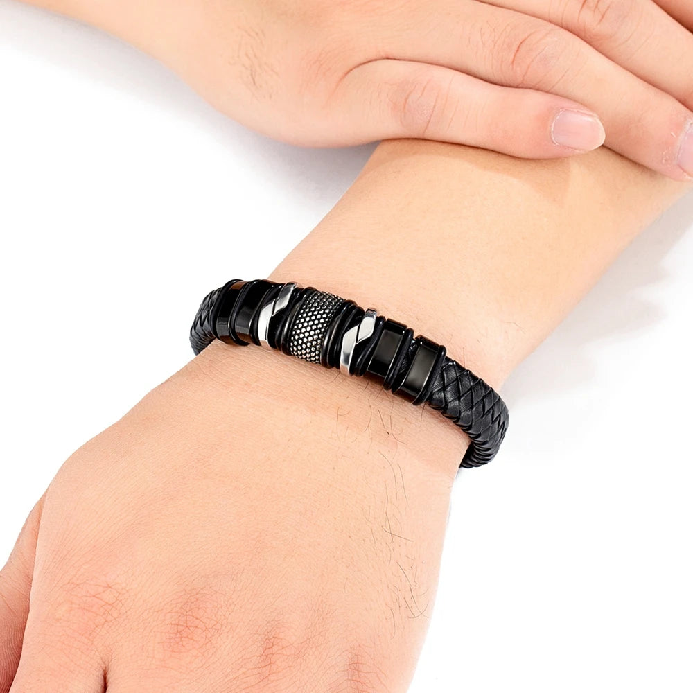 Men's Classic Braided Black Leather Bracelet with Stainless Steel Charm