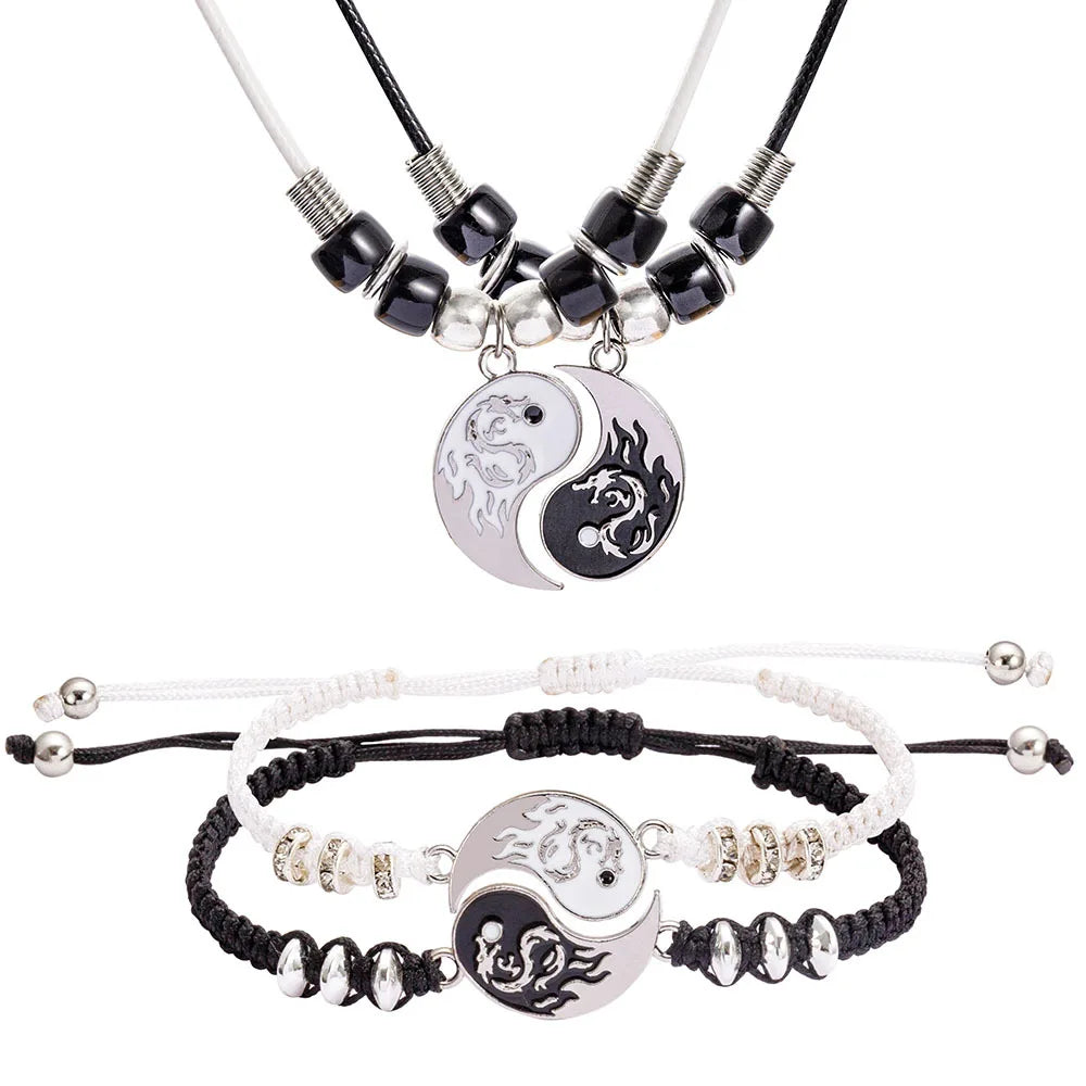 Tai Chi Yin Yang Couple Steampunk Dragon Bracelets Necklaces Set