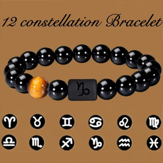 Zodiac Signs Beaded Bracelet with Natural Black Onyx Stones