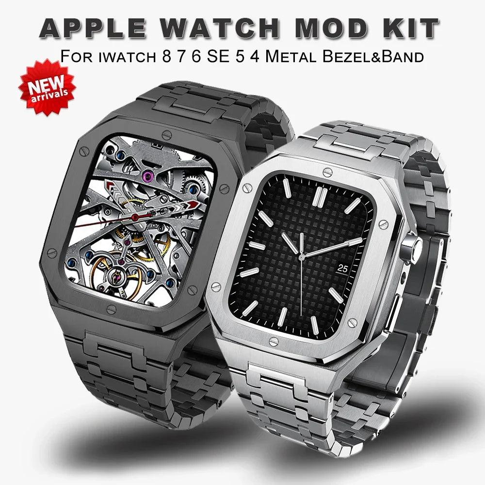 Luxury Modification Kit for Apple Watch with Stainless Steel Strap and Bezel Case