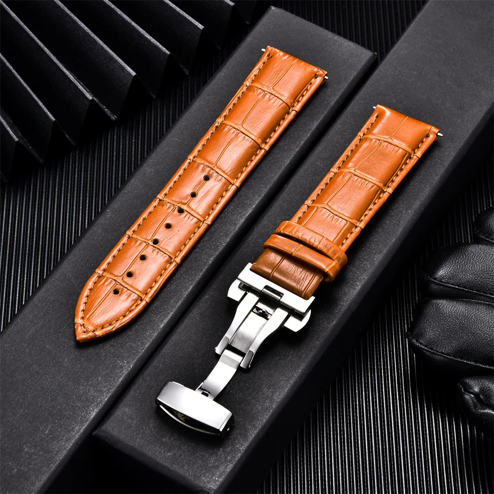 Elegant Leather Watch Strap with Butterfly Buckle