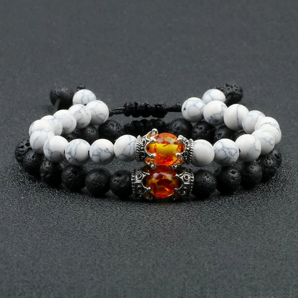 Black Lava Stone Crown Charm Tiger Eye Beads Bracelet For Men Women