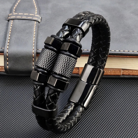 Men's Luxury Stainless Steel and Woven Leather Bracelet