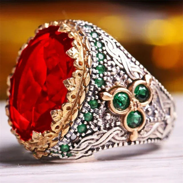 Inlaid Red Emerald Men's Ring