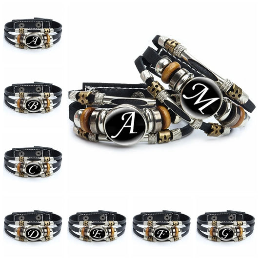 A-to-Z English Alphabet Name Initial Leather Bracelet
