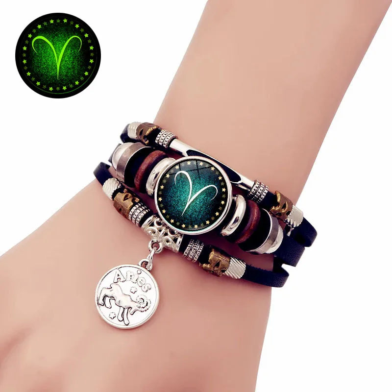 Starry Sky Zodiac Luminous Leather Bracelet