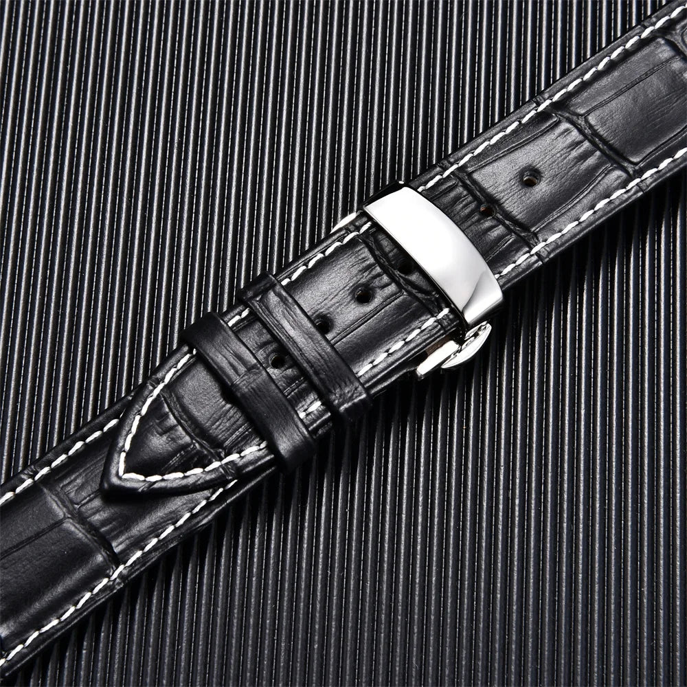 Elegant Leather Watch Strap with Butterfly Buckle