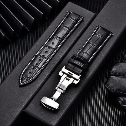 Elegant Leather Watch Strap with Butterfly Buckle