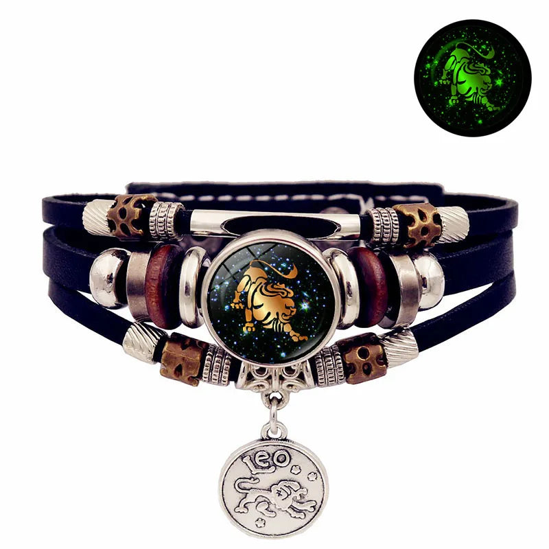 Luminous 12 Constellation Vintage Leather Bracelet with Charm