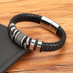 Men's Classic Braided Black Leather Bracelet with Stainless Steel Charm